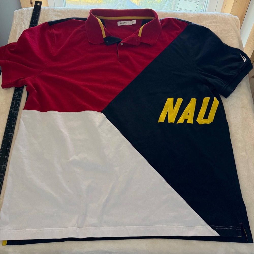 Nautica Mens 3XL Colorblock Polo Shirt Red White Navy Blue Graphic KR9205